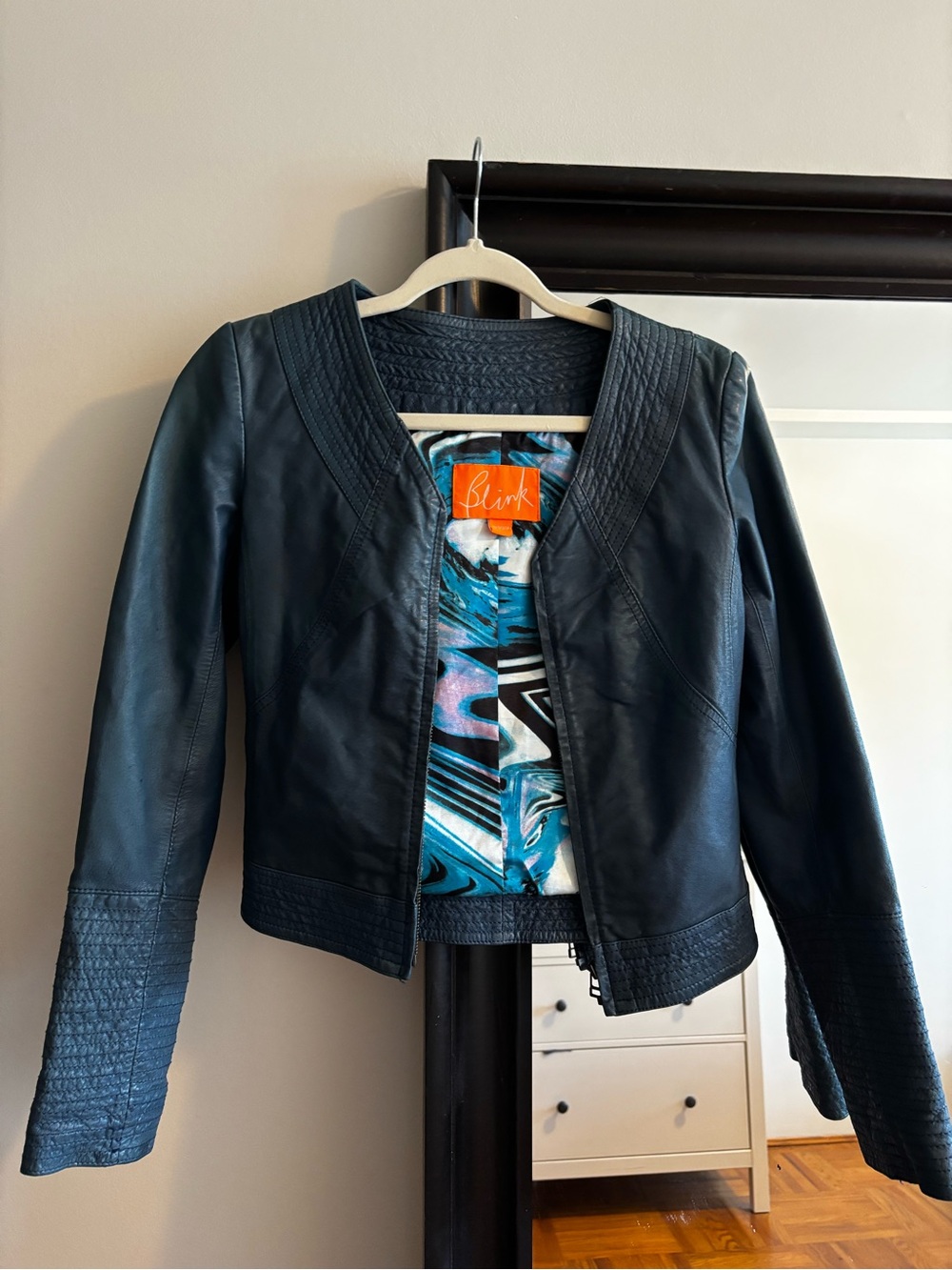 Blink by Danier Blue Leather Cropped Jacket with Quilted Trim